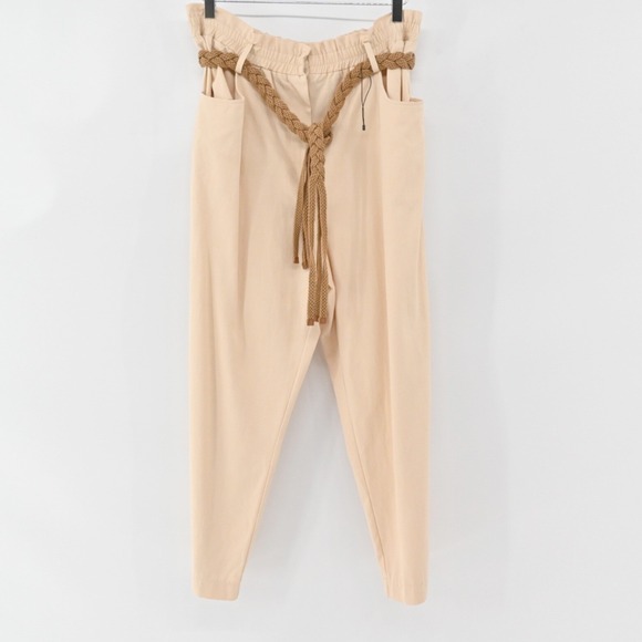 Zara Pants - Zara Belted Tapered Pants Womens Size XL Beige Cotton Boho Hippie Paperbag Waist